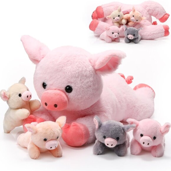 Other - Pig Momma with 4 Piglet Babies - Soft Plush Stuffed Animals Toys